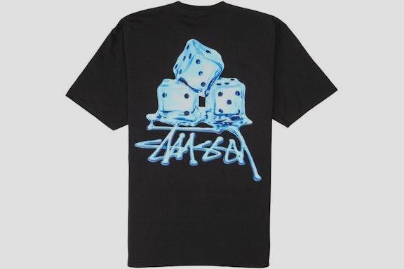 Large Stussy T-Shirt Black and Blue Melted Ice Cube Dice REPRINT PERFECT QUALITY