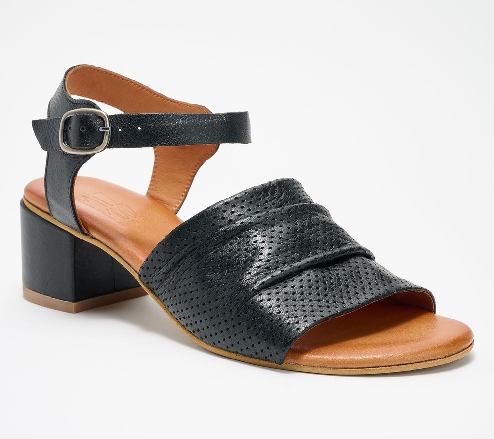 Miz Mooz Women's Sz 10.5 Leather Ankle Strap Heeled Sandals Black A684703