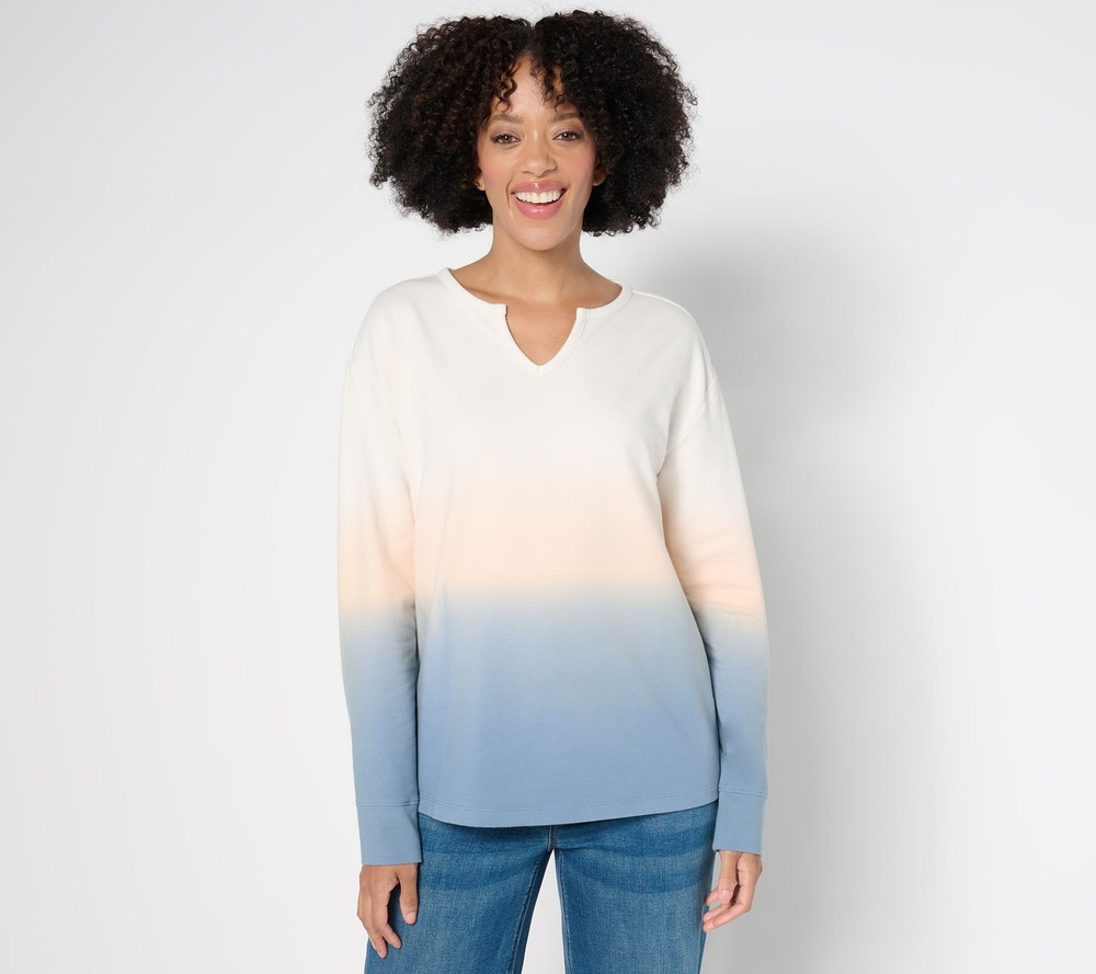 Denim & Co. Women's Top Sz M French Terry Dip Dye Long Sleeve Blue A677467