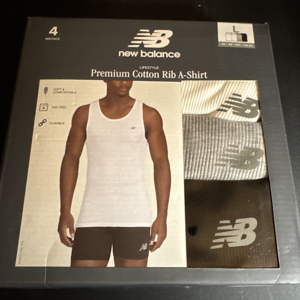 NEW BALANCE 4 Pack Men's Cotton Ribbed Tank Tops White Black Gray Size L