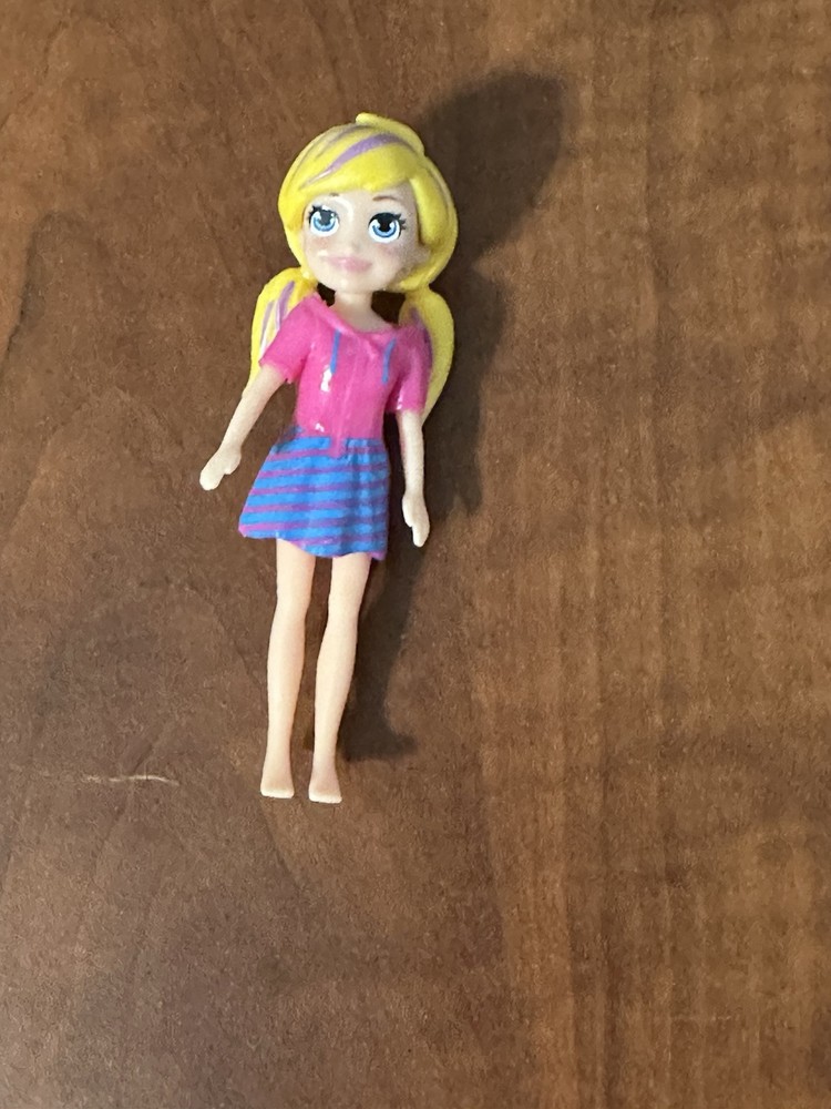 Polly Pocket 3.5” mini blond/pink hair figure with pink and blue striped dress