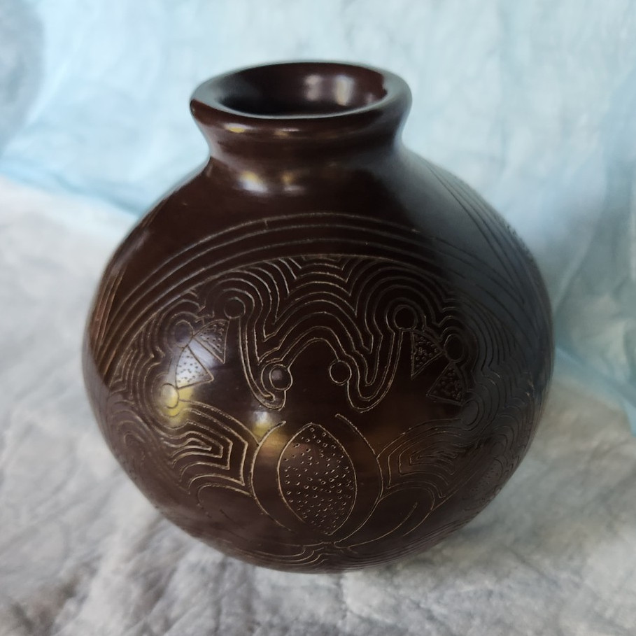 Brown Etched Pottery Vase 5 in Abstract Pattern Signed Glossy Finish