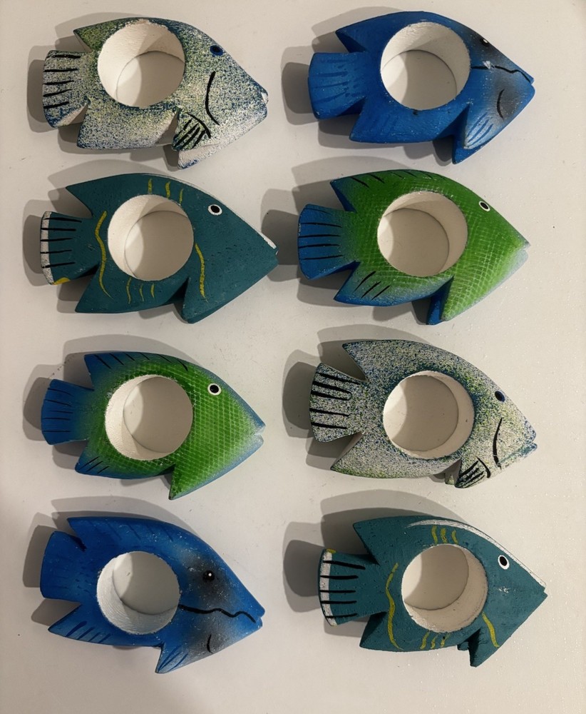 Hand Painted Wooden Fish Napkin Rings Home Decor Set of 8