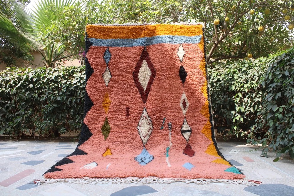 Color Pink Multi Moroccan Berber Beni Ourain Wool Rug Design Handmade Carpet Rug