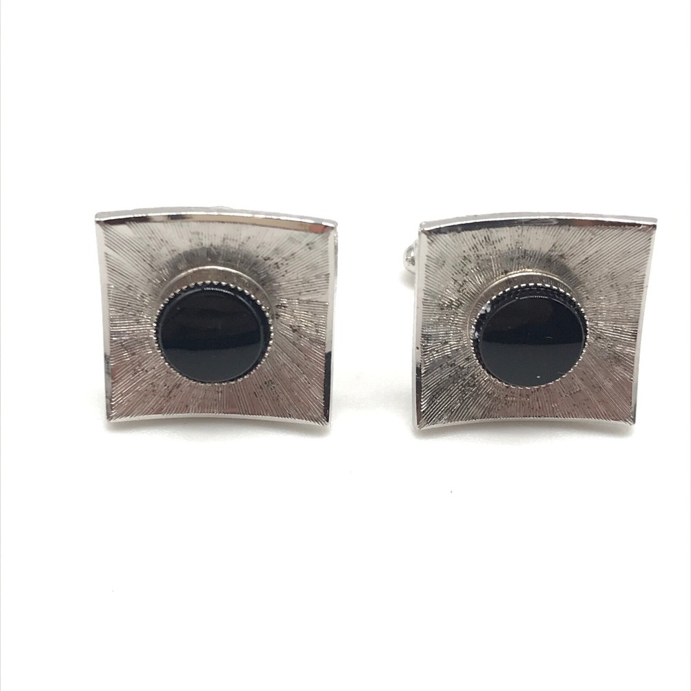Vintage 925 Sterling Silver Black Onyx Square Cufflinks