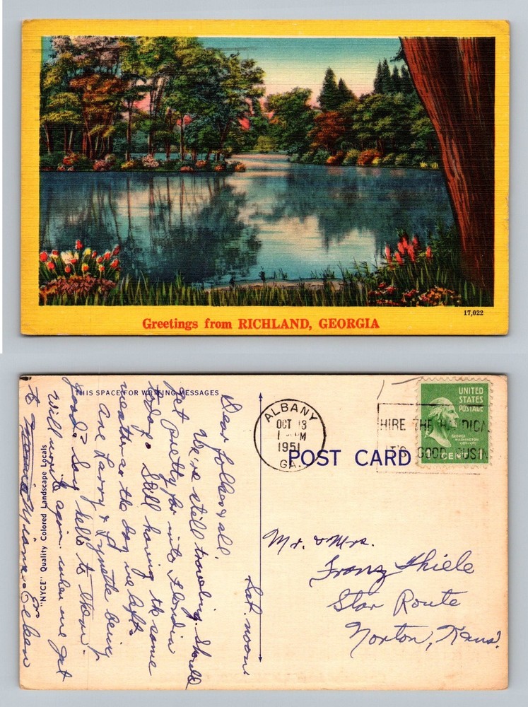 Richland, GA-Georgia, Greetings Scenic Lake Trees Flowers Vintage c1951 Postcard