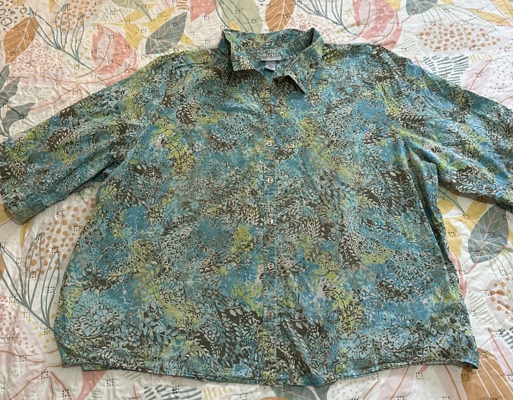 Catherines Top Womens 4X Green floral Button Up Half Sleeve Blouse Office Preppy