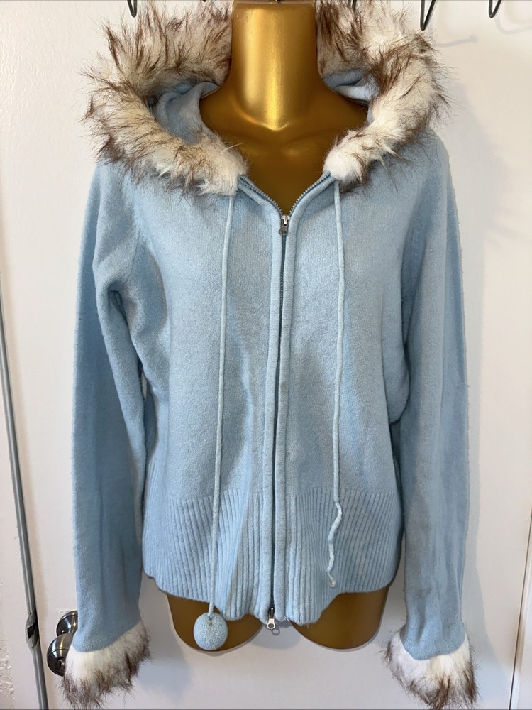 Baby Blue soft sweater Pom Poms hoodie zip up Women’s size large