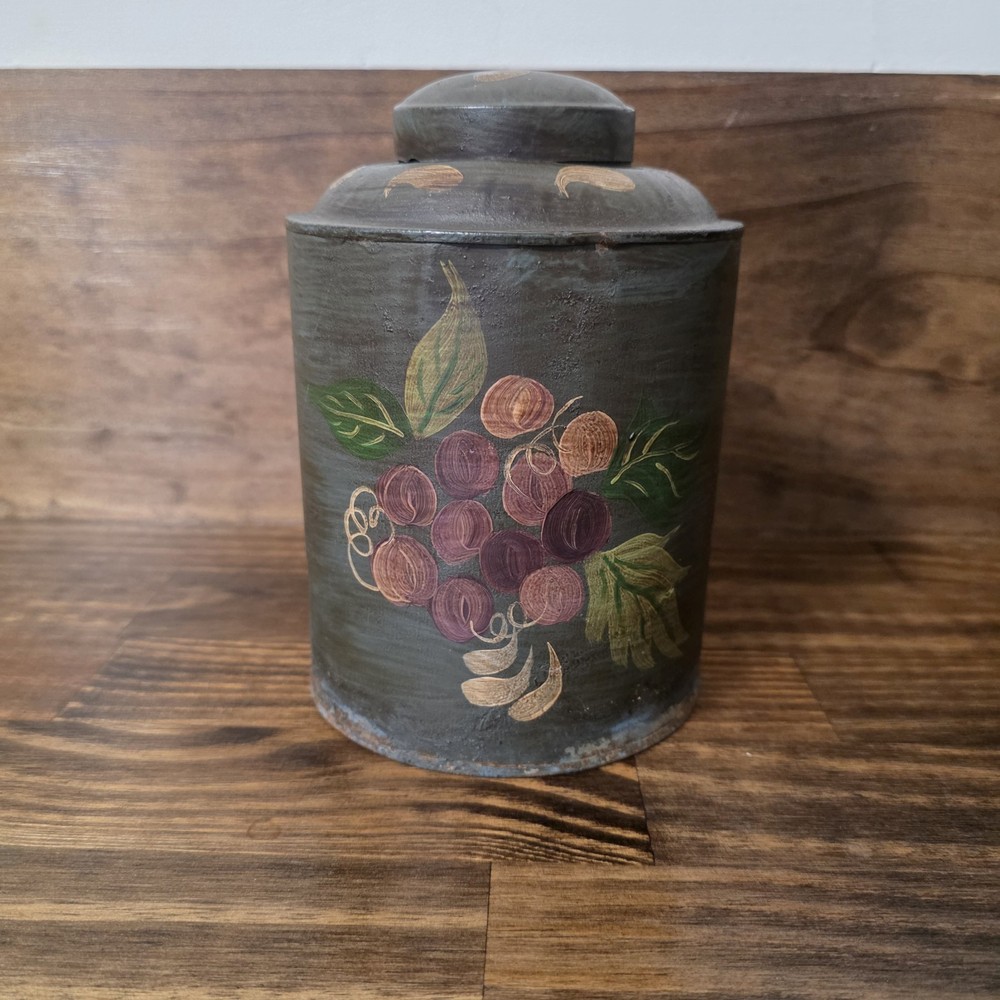 Vintage Country Folk Art Hand Painted Toleware Tin Hinged Canister.