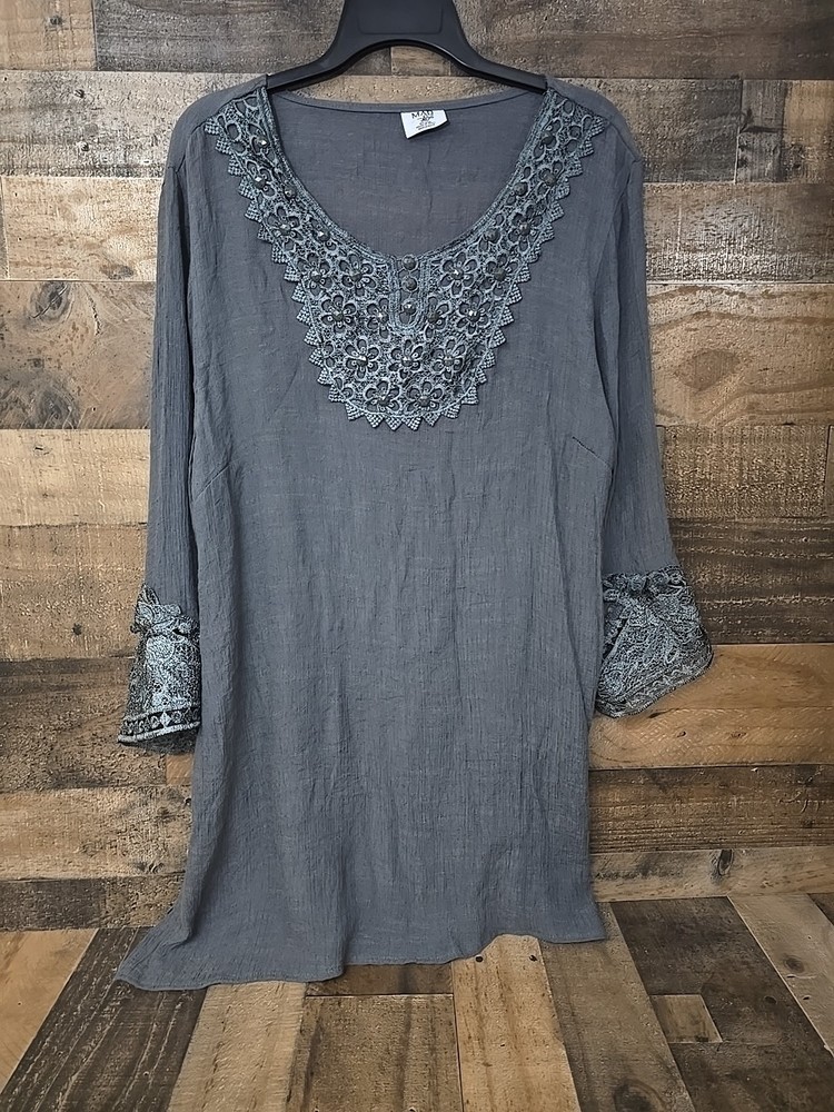 Women Boho Top Size 3XL Gray Lace Lightweight Coastal Peasant Hippie Lagenlook