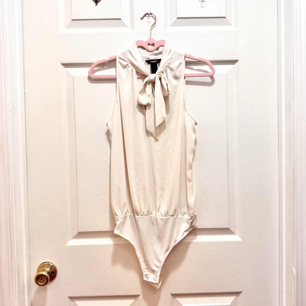 Express Women’s Ivory Bow Neck Semi-Sheer Sleeveless Bodysuit Thing Back - XS