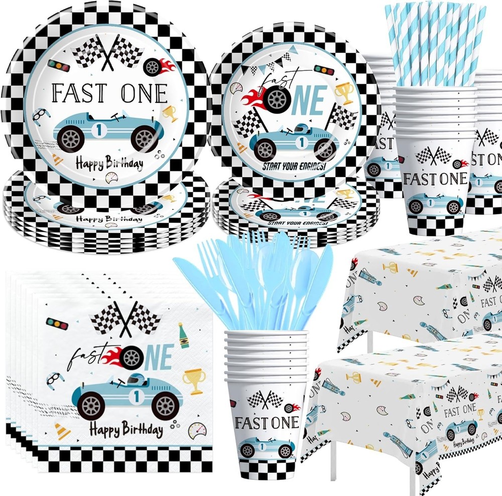 Fast One Birthday Decorations For Boys Tableware - Blue Race Car 1st Birthday Pa