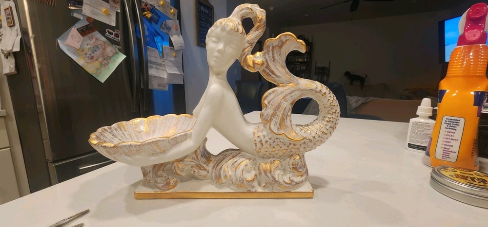 Royal Haeger Vintage Mid-Century Mermaid With 22Kt Gold Trim. Corner Repaired.