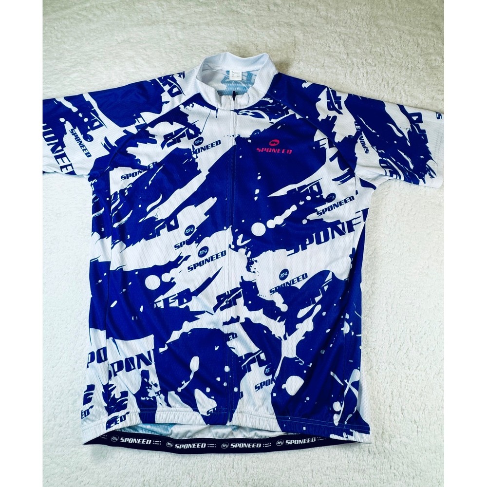 Sponeed Cycling Jersey Men XL Blue White Abstract Graphic Full Zip Short Sleeve-image