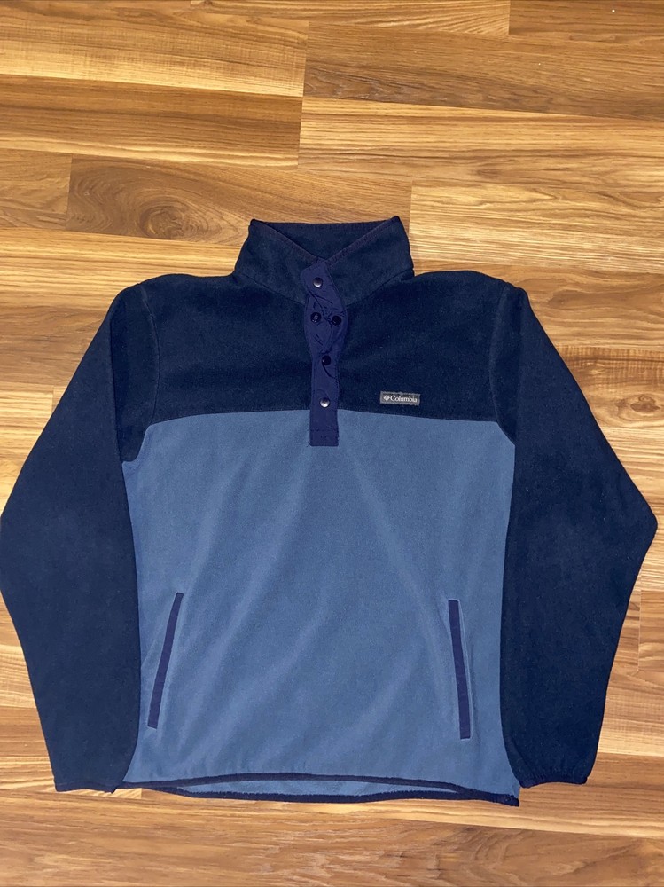 Columbia Sweater Men Medium Gray Teal Fleece Pullover Snap Sweatshirt Henley