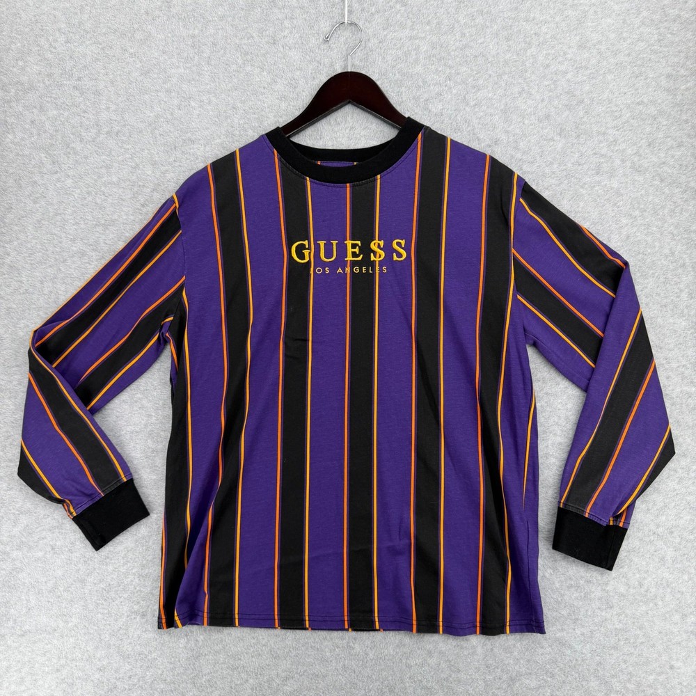 Guess Los Angeles Mens Long Sleeve Shirt Striped 90s Logo Purple Black Orange