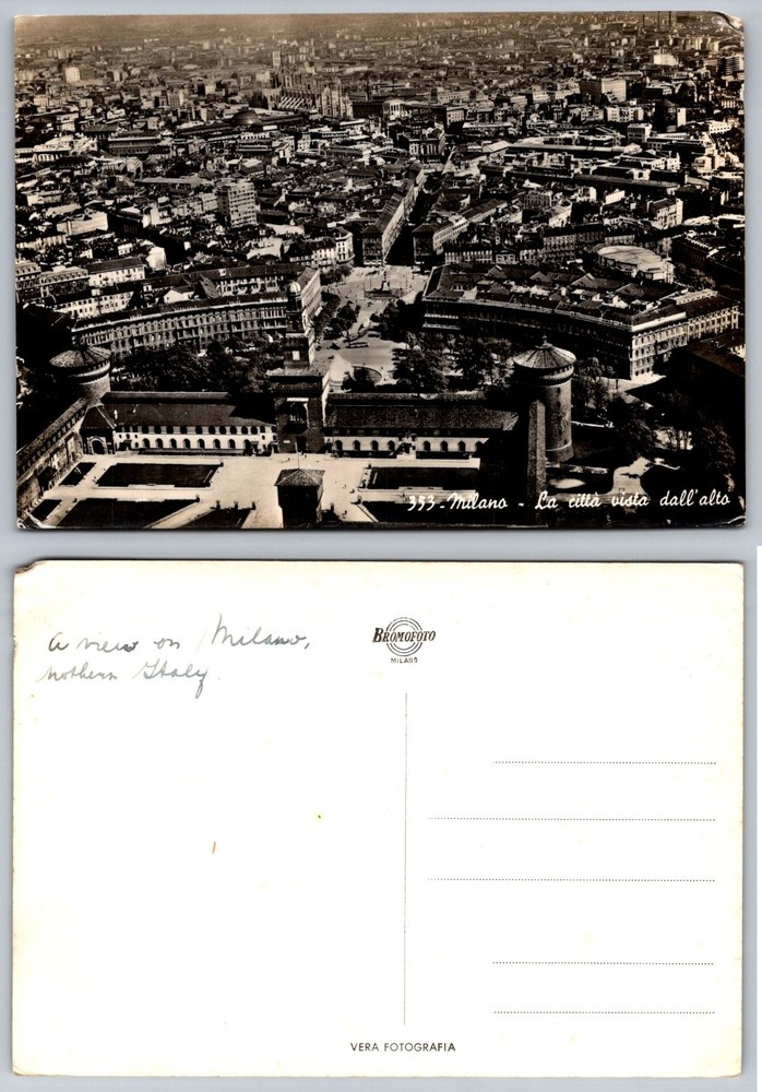 Vintage Milano Italy Aerial View Real Photo Postcard Sforza Castle Duomo