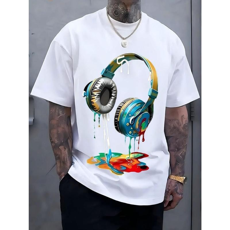 Men's Navy Blue Graphic Tee with Vibrant Headphone Print Casual & Trendy T-Shirt