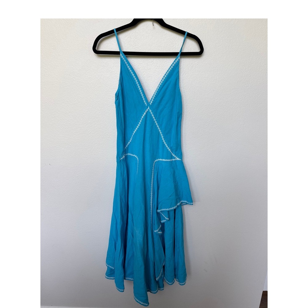 Esteban Cortazar Linen Blend Midi Dress Aqua Blue Ruffle V-Neck Women's Sz M