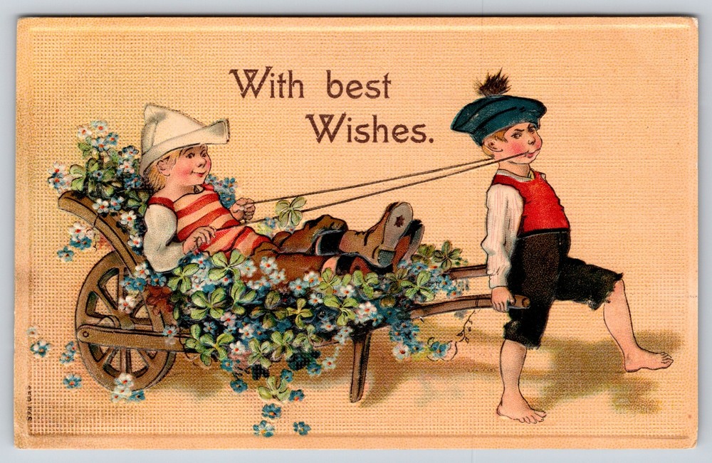Greetings~Boy Pulling Cart With Boy & Flowers Best Wishes~Vintage Postcard