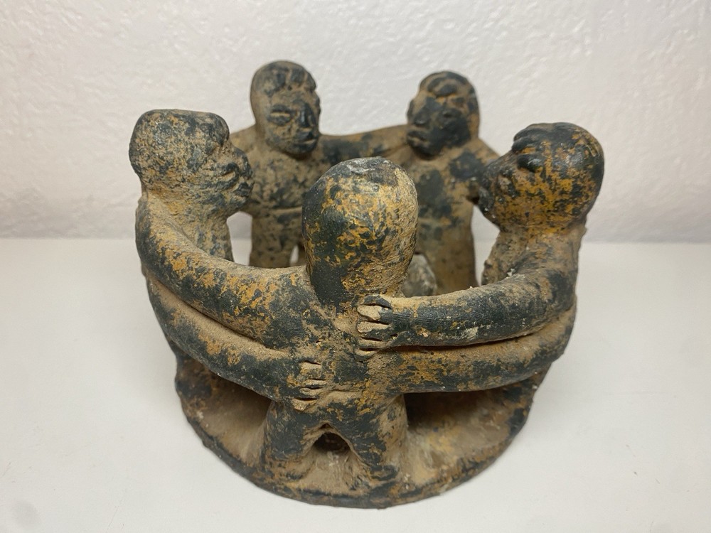 Vtg Aztec Mexican Folk Art 5 Circle of Friends Clay Pottery Candle Holder Large