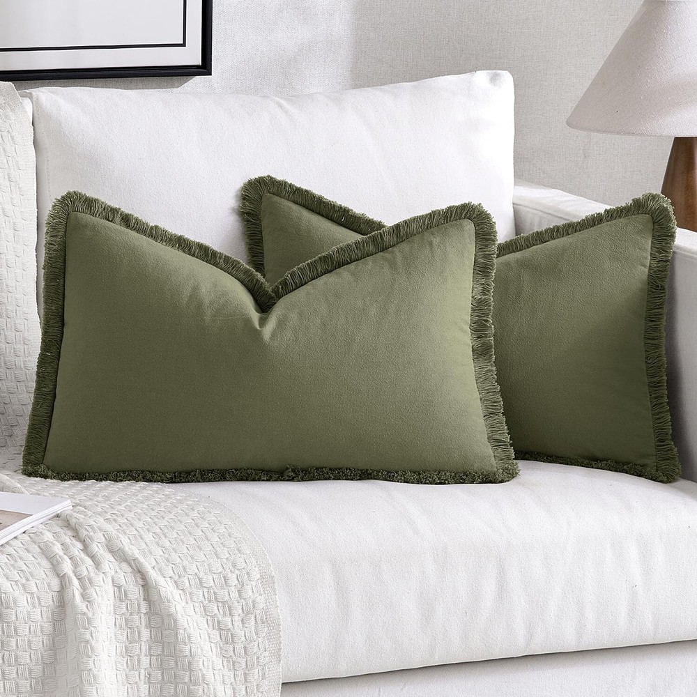 Elegant Olive Green Chenille Pillow Covers 12x20 - Set of 2