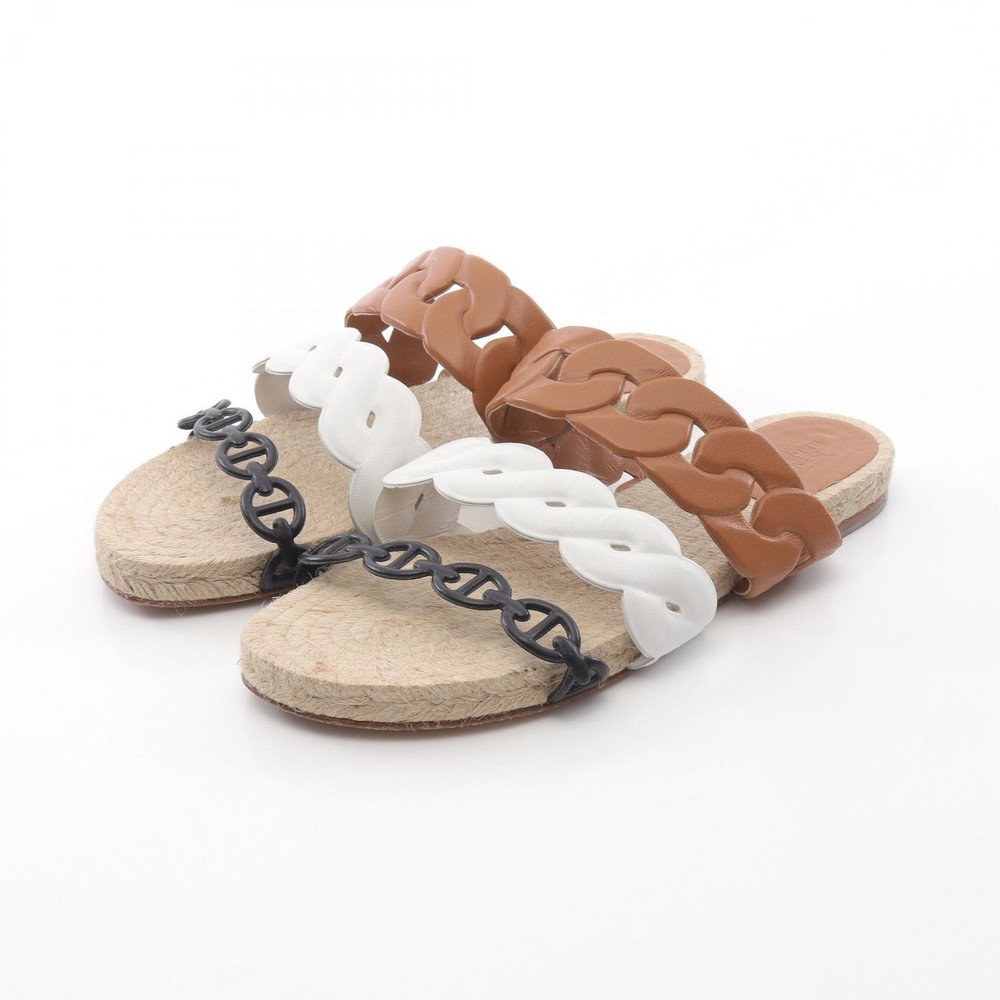 HERMES Gwen Espadrilles Sandals shoes leather Brown White Black Used Women #40