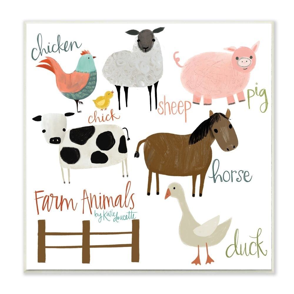 Stupell Cow Pig Sheep Horse Chicken and Duck Farm Wood Wall Multi-color 12 x 12