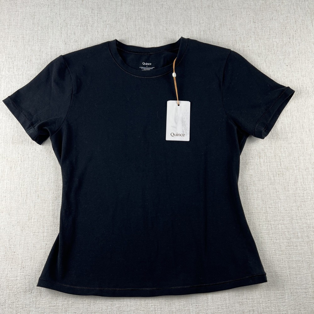 Quince Women Stretch Cotton Jersey Fitted T-Shirt Sleeved Top Black M NWT
