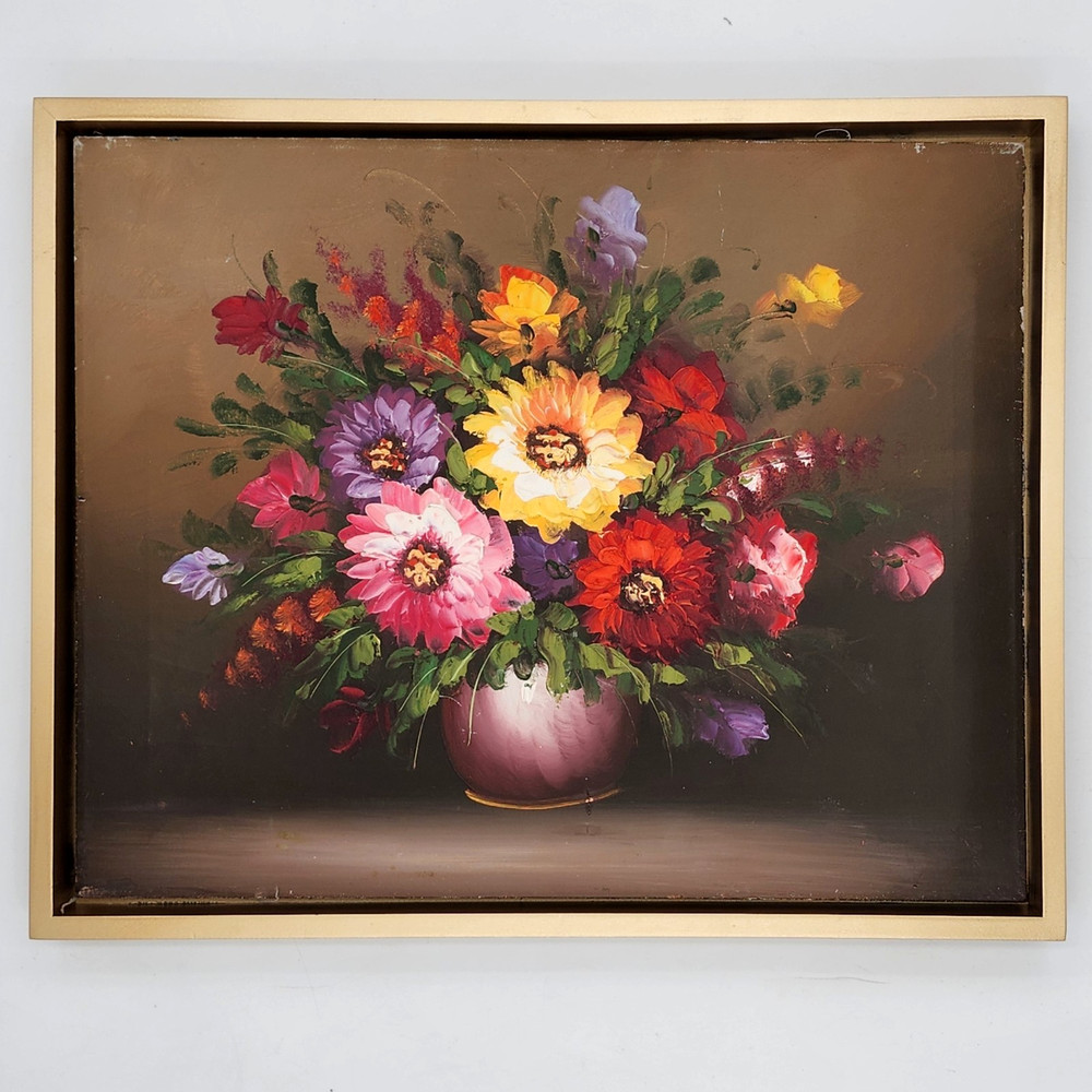Vintage Floral Oil Painting 20x16 Canvas Still Life Bouquet Flowers Vase Framed