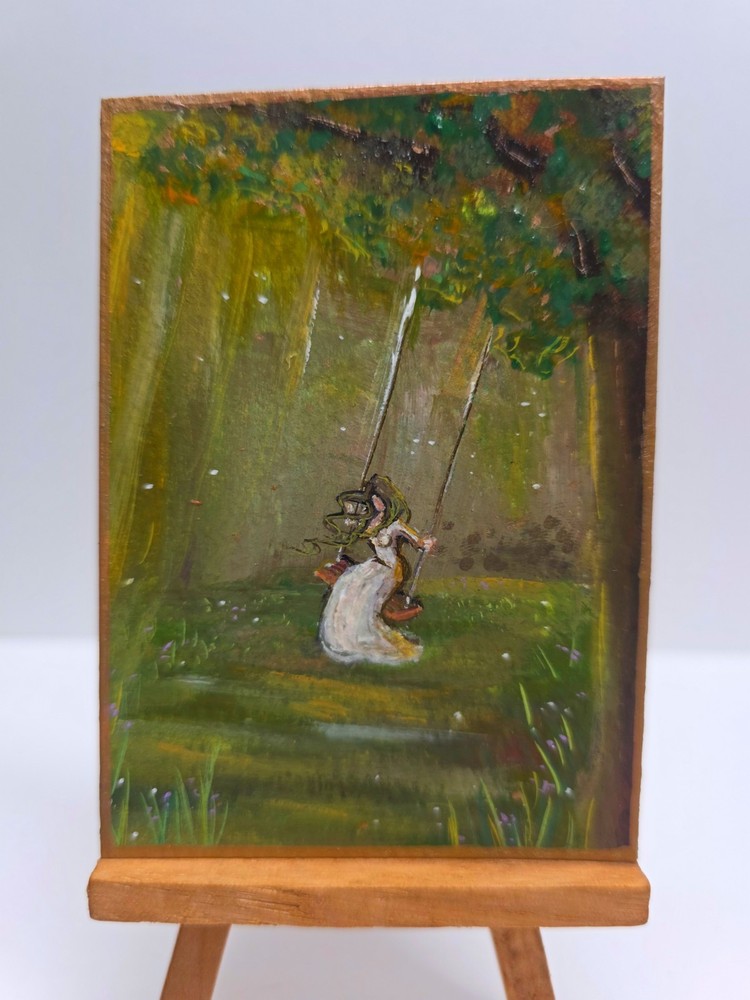 Original ACEO Woman Swinging Painting OOAK Woodland Scenery Dreamy Art Card