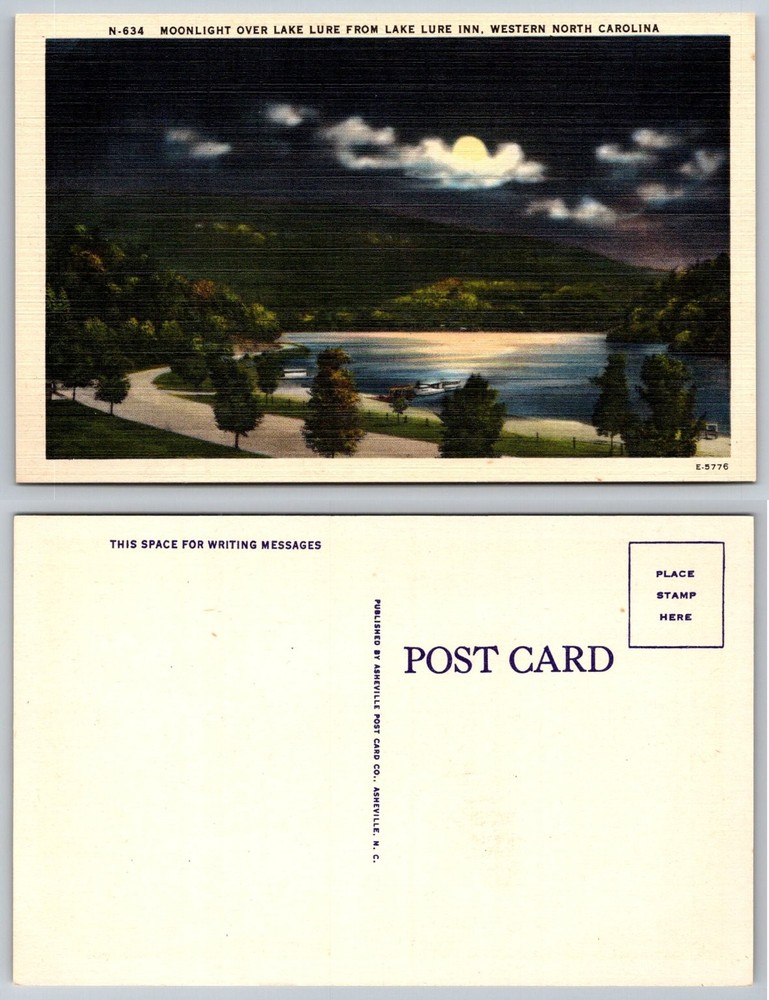 Vintage Linen Postcard Moonlight Over Lake Lure Inn Western North Carolina