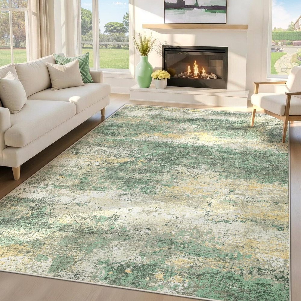 5X7 Area Rugs for Living Room: Washable Modern Abstract Green Rug Large Non Slip