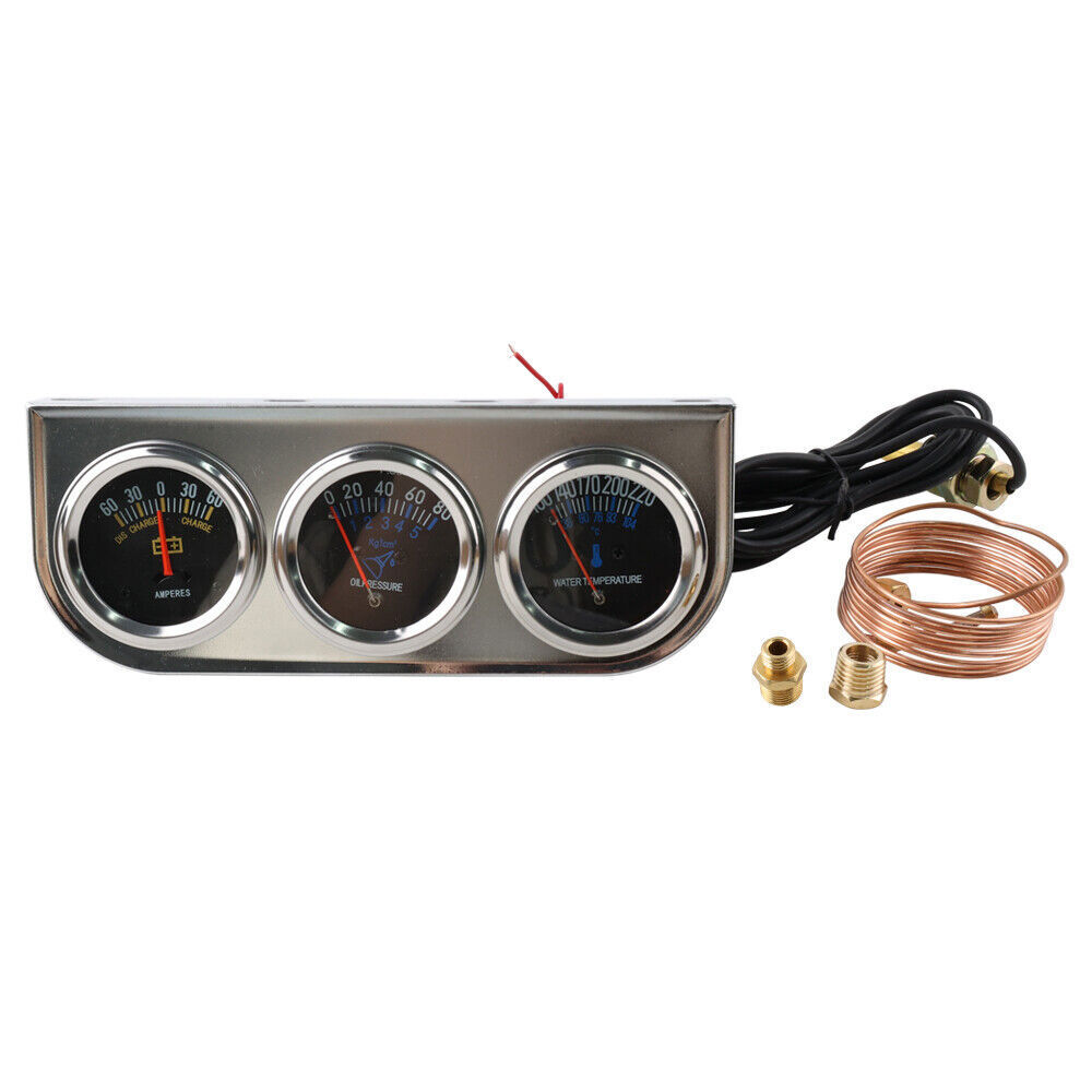 2'' 52mm Chrome Car Triple Gauge Set Kit Amp Meter Water Temp Oil Pressure 3in1