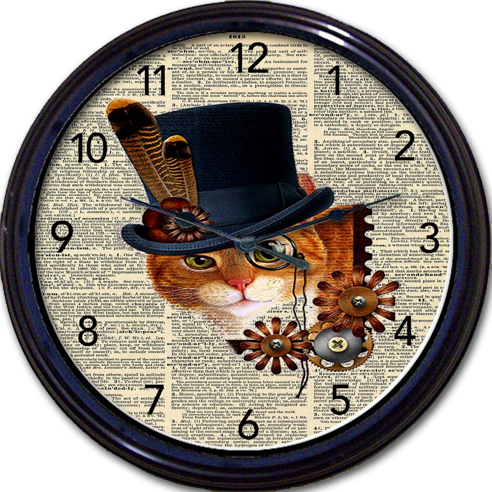 Steampunk Dictionary Cat Wall Clock Victorian Goth Top Hat kitten gears monocle