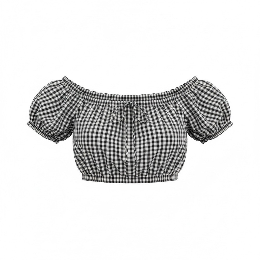 Love J Womens Black White Gingham Off Shoulder Crop Top Puff Sleeve Medium