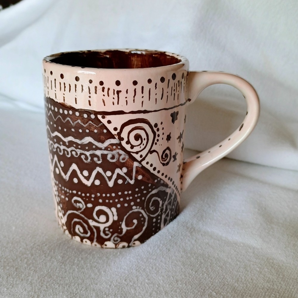 Stoneware Coffee Mug Cup Studio Art Aztec Boho Style Tea Hand Painted Signed AB