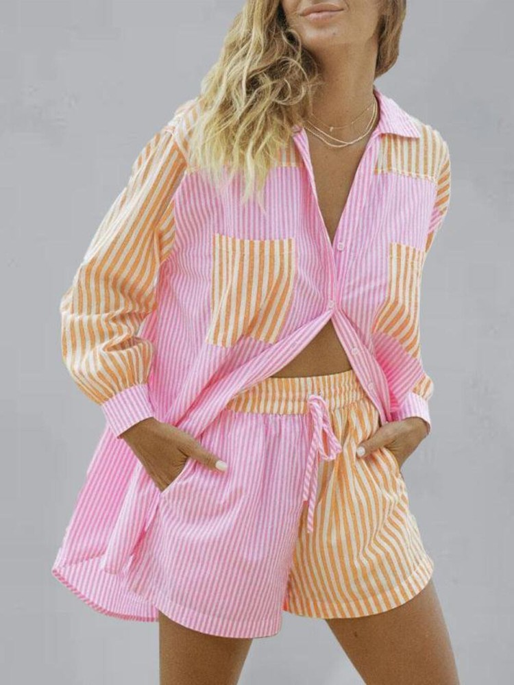 Anna Women's Button Striped Matching Two pieces sets