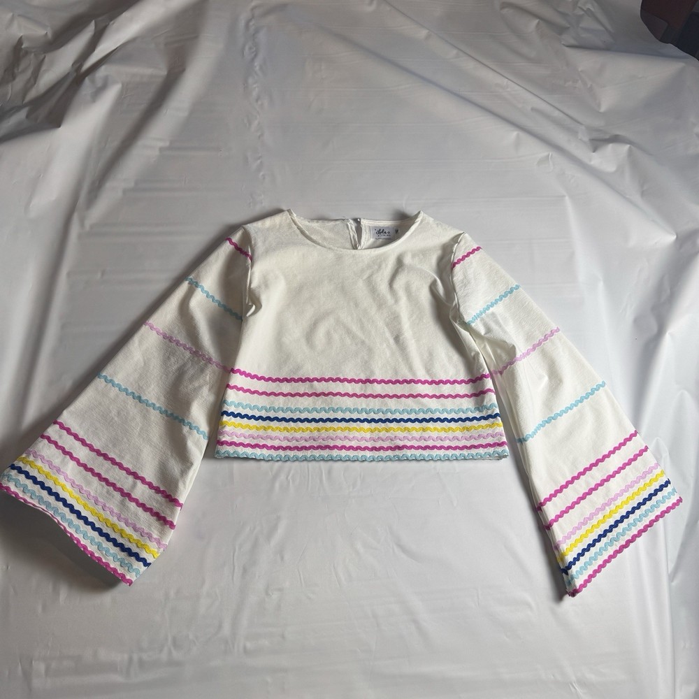Lola + The Boys Girls Rainbow Rick Rack Bell Sleeve Top Size 14 White Scuba