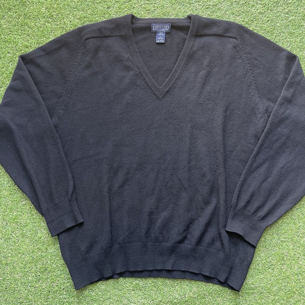Vintage Lands End Sweater Mens Large 42-44 2 Ply Cashmere Black V Neck Pullover