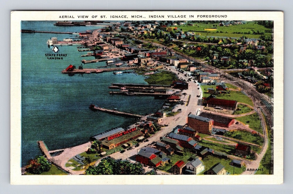 St Ignace MI-Michigan, Aerial View St Ignace, Antique Vintage Souvenir Postcard