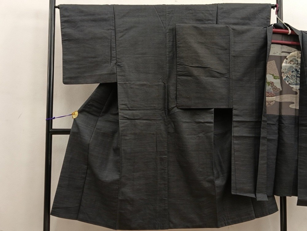 Vintage Japanese Mens Kimono & Haori Jacket Set Tsumugi Silk Kikko Pattern