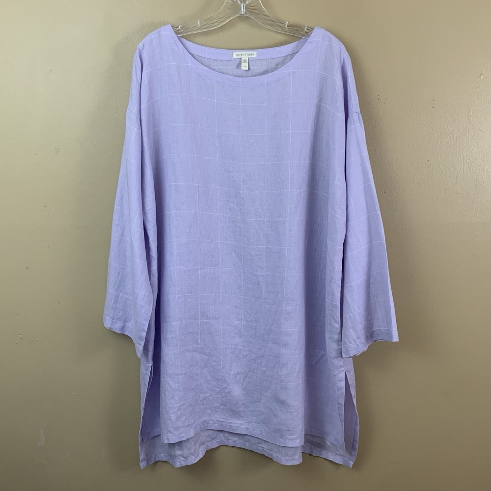 Eileen Fisher Tunic Womens Large Purple Lilac Organic Linen Side Slits Long Top
