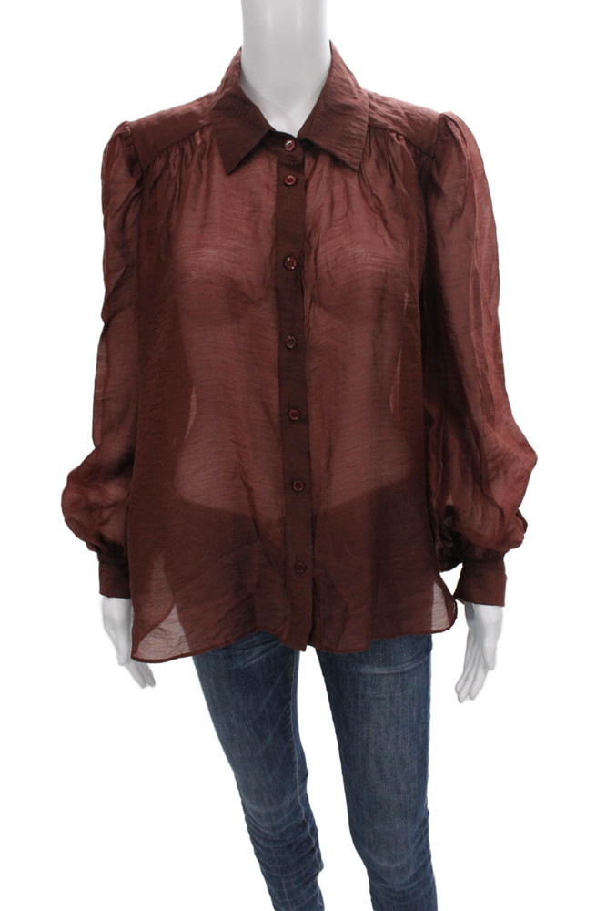 Secular Women Basic Collared Brown Tencel Long Sleeve Blouse Size MFree Shipping in US $100+ Orders | $6.95 Orders Below