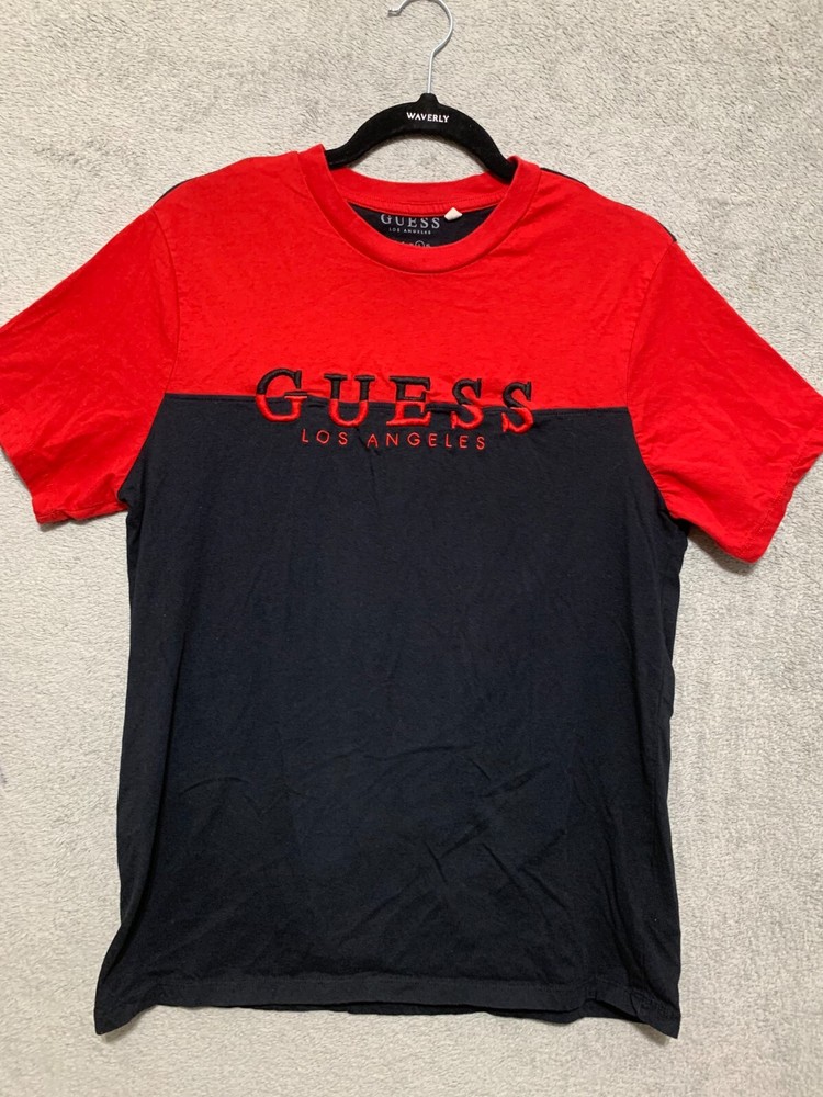GUESS Men's Short Sleeve Embroidered Logo Tee Red Black Size Large Graphic Top
