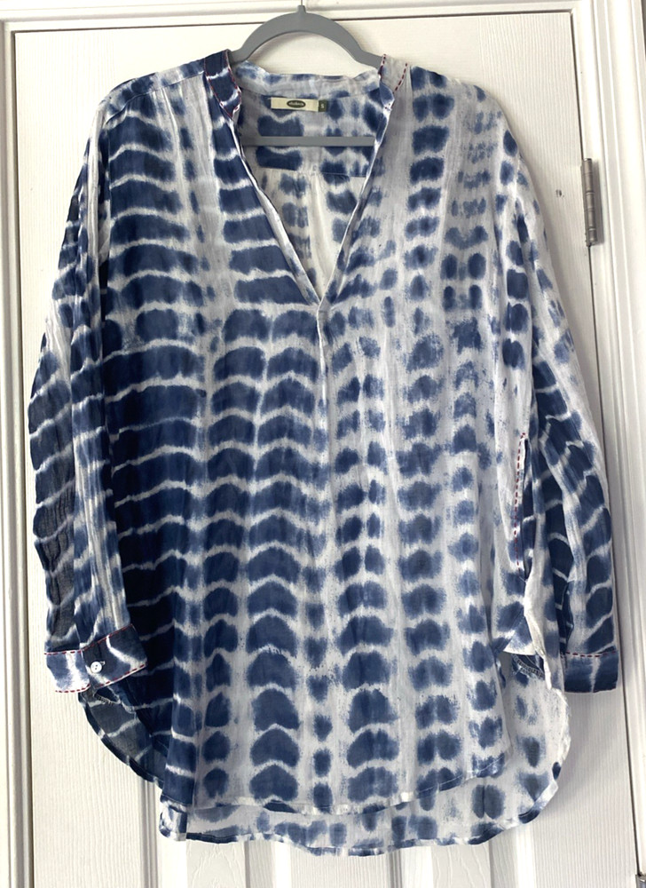Womens Dolma Lightweight Cotton Blue Tie Dye Print Tunic Top 3/4 Sleeve Small