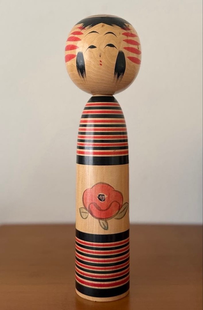 Sato Nagao Kokeshi Doll 29.5cm Traditional Japanese Wood Art Red Black Design