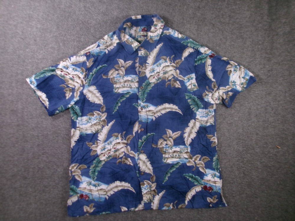 Batik Bay Shirt Mens XL Blue Hawaiian Aloha Floral Tropical Button Up Casual