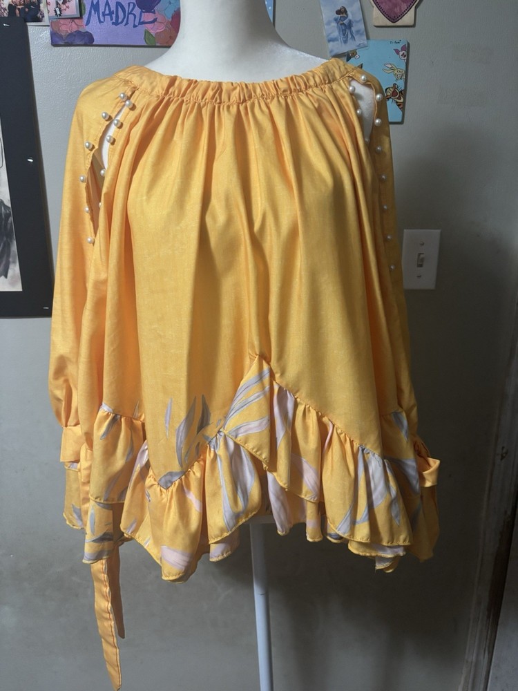 Yellow Floral Off-the-Shoulder Open Sleeve Ruffle Blouse with Pearl Accents