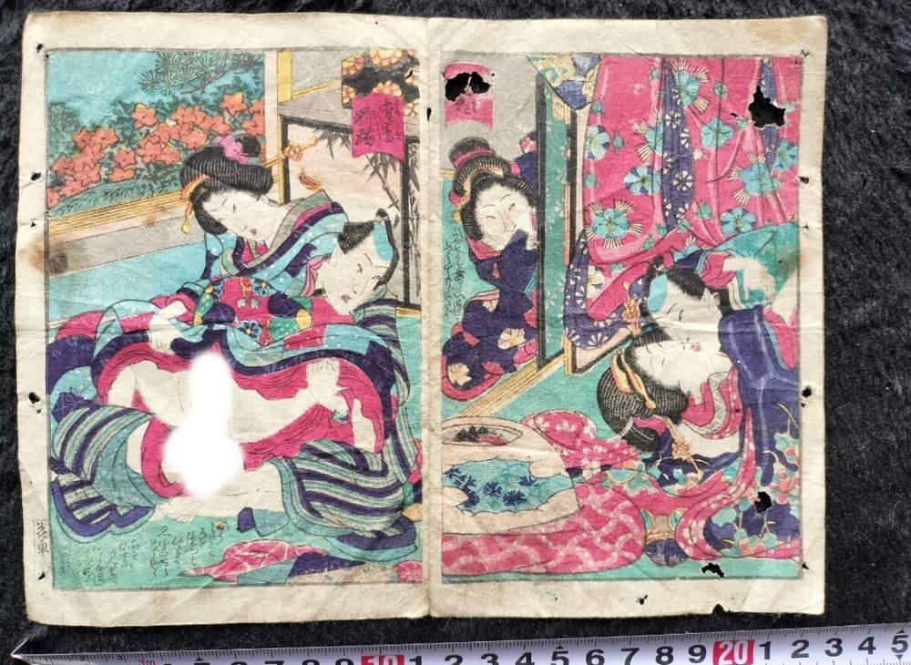 Y)by Katsusika Hokusai Woodblock Shunga 8in×6in ukiyo-e 1855 Edo Nishiki-e